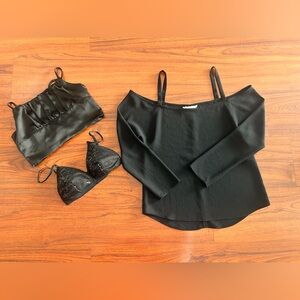 Lot of 3 black tops 1 sparkle bra 1 satin crop and 1 black blouse size s xs zara